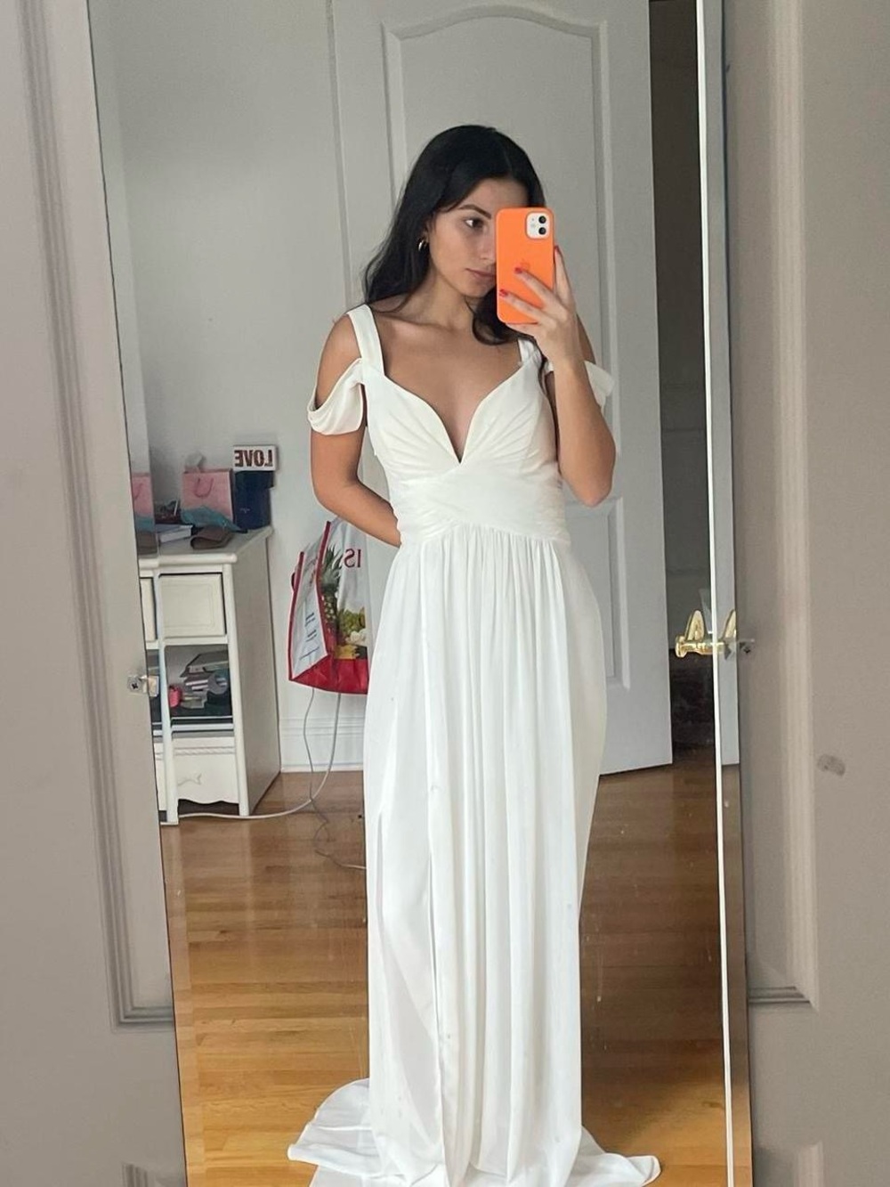 Lulu's White Off-Shoulder V-Neck Chiffon Maxi Dress